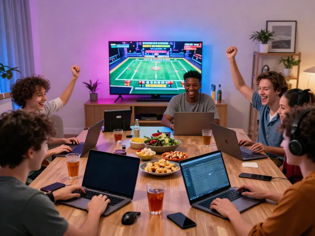 Online gaming enthusiasts enjoying FB88mx's live casino in a vibrant setting.