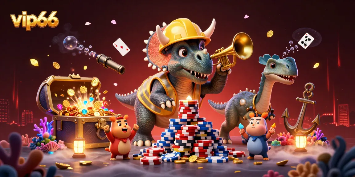 Engage in thrilling gaming adventures at vip66 as a triceratops builds poker chips amidst treasures
