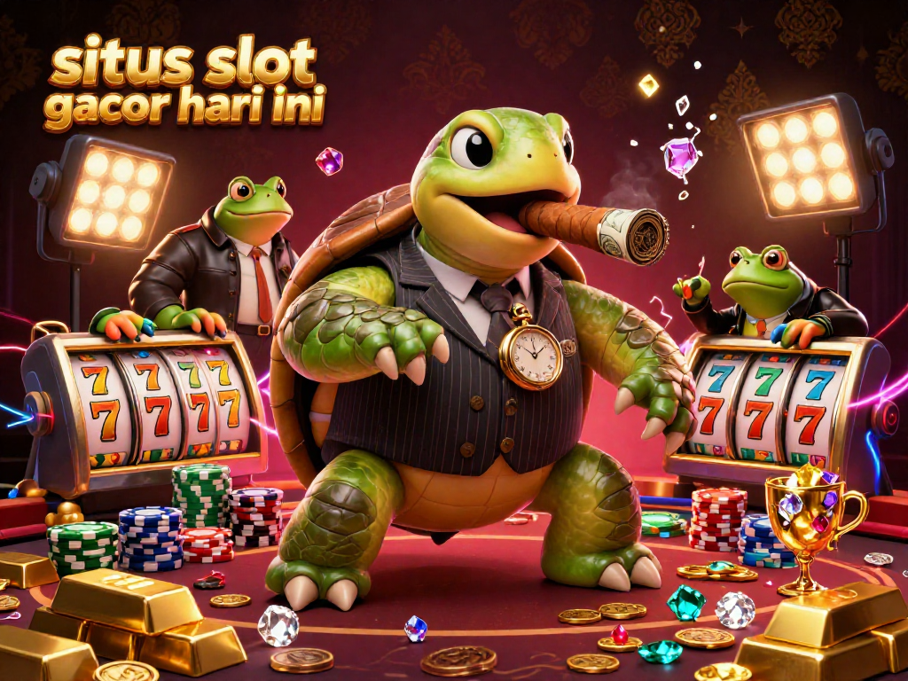 Sit back and enjoy the vibrant scene of situs slot gacor hari ini with a massive snapping turtle and bullfrog enforcers in a lively casino atmosphere.