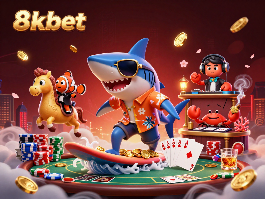 Enjoy thrilling games at 8xbet with a vibrant casino scene featuring dynamic characters and gaming elements.