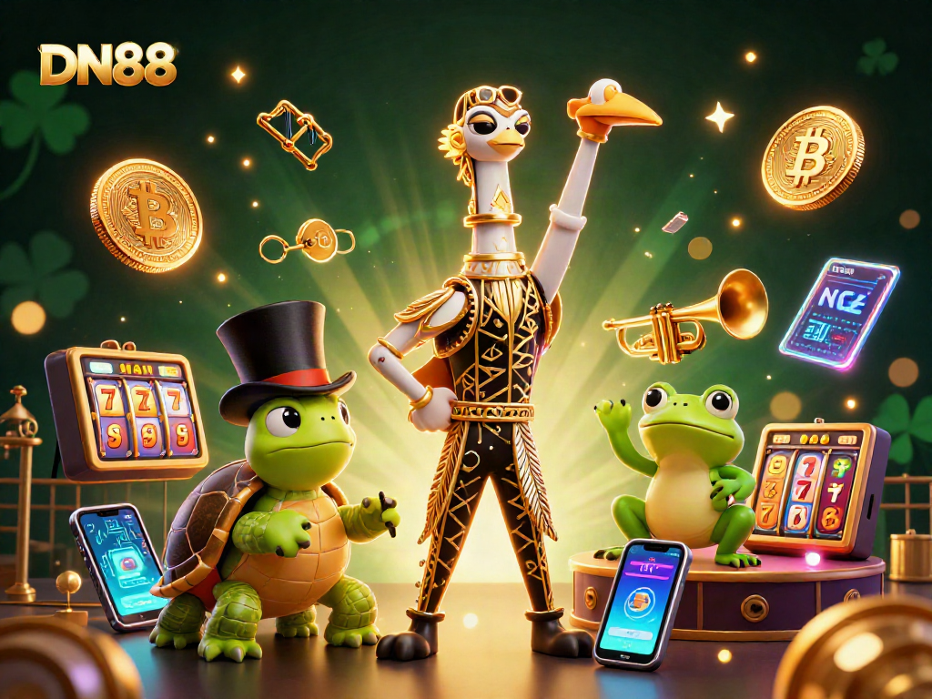 Engage with the vibrant scene of DN88 showcasing lively characters at a casino with digital elements.