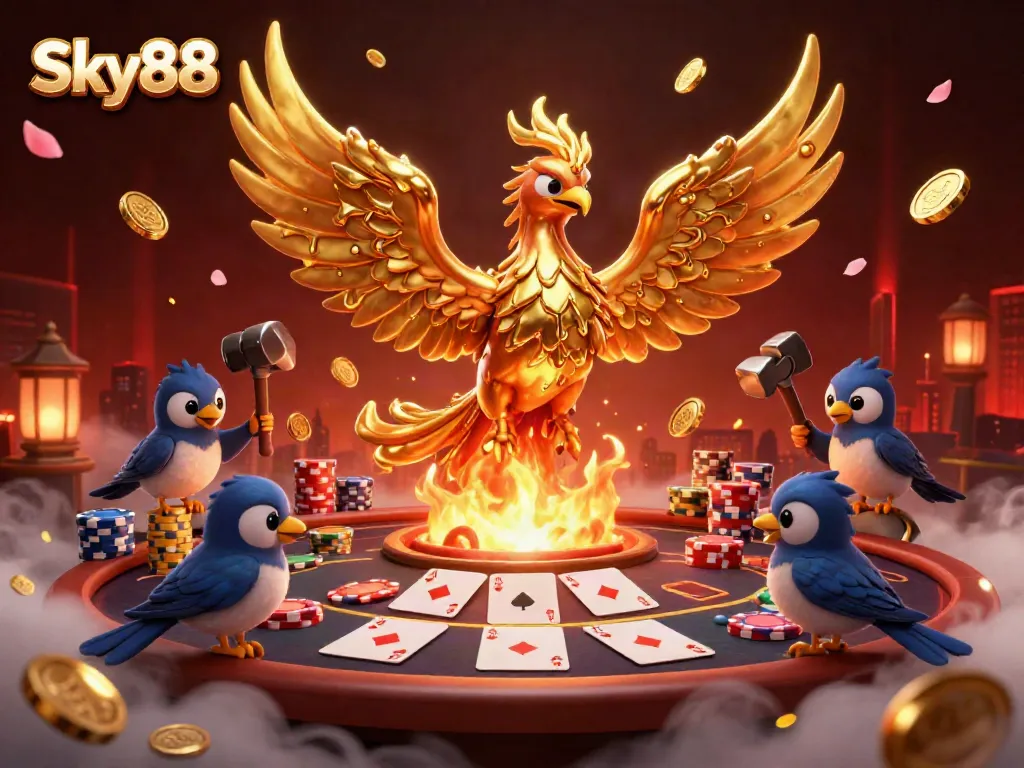 Engage with Sky88 and experience the thrill of high-stakes poker in a magical setting with a golden phoenix.