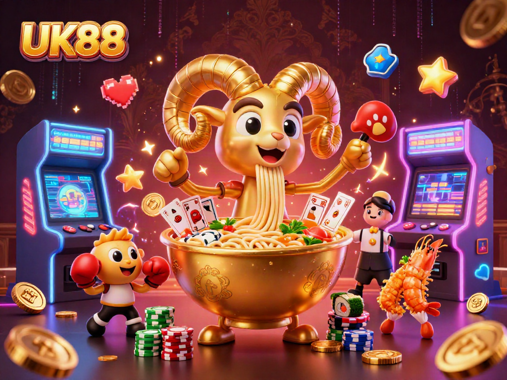 Experience UK88's thrilling casino atmosphere with vibrant characters and glowing game elements.