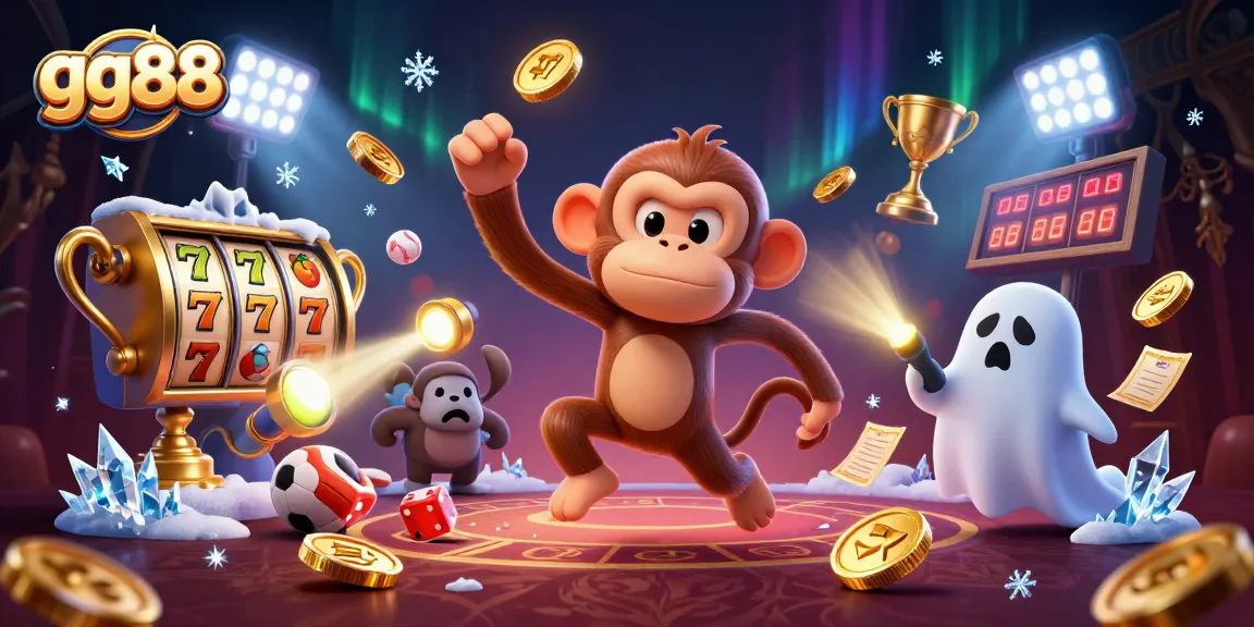 Engage with gg88 at a haunted casino featuring a playful monkey and curious puppy amidst vibrant gaming elements.