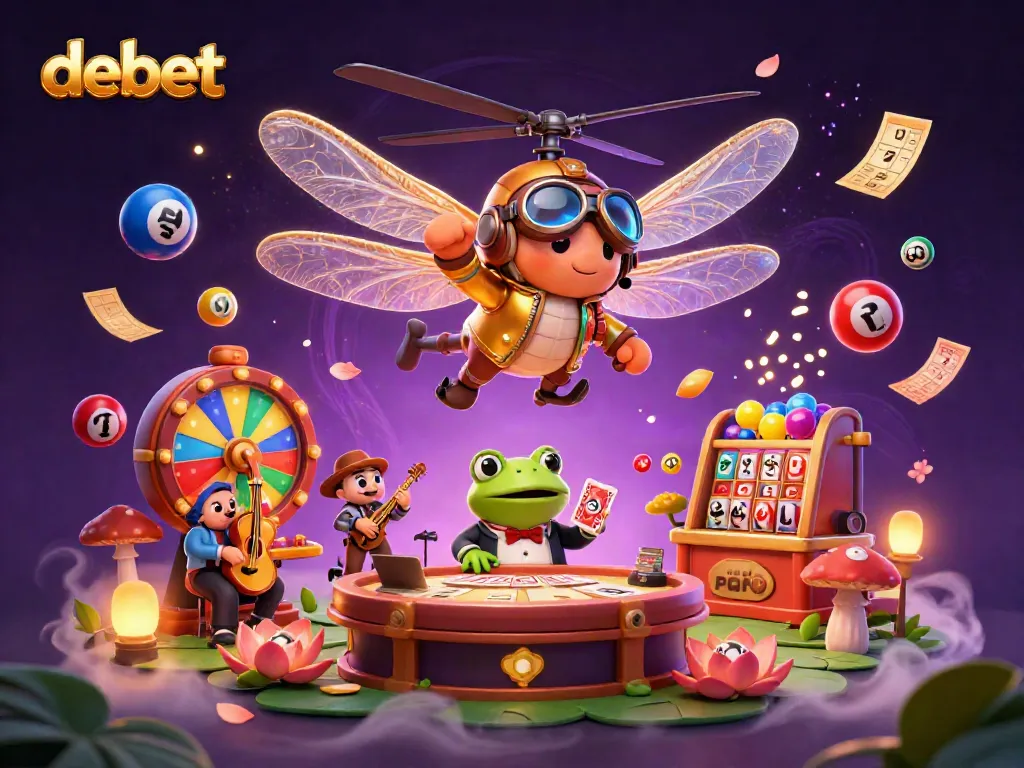 Engage with the vibrant world of debet featuring a whimsical casino scene with lively characters and dynamic gambling elements.