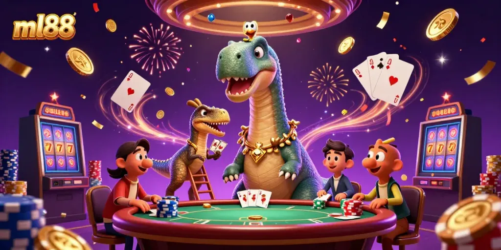 Experience the excitement of ml88 with a dazzling casino scene featuring dynamic characters and sparkling gaming elements.