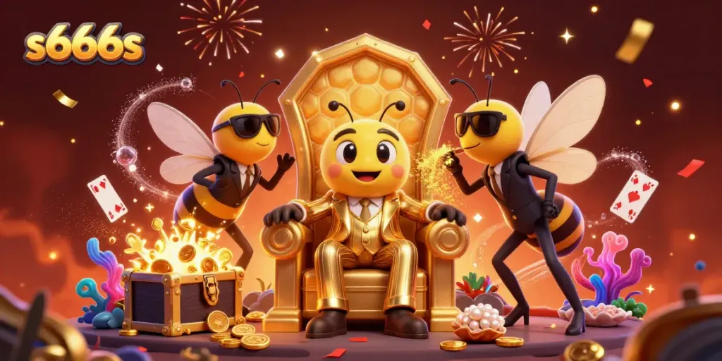 Experience the excitement of s666s with a buzzing bumblebee mob boss in a gold-themed casino scene.