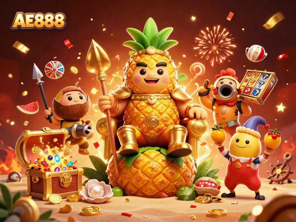 Experience the excitement of AE888 with a vibrant casino-themed illustration featuring a pineapple king and gaming elements.