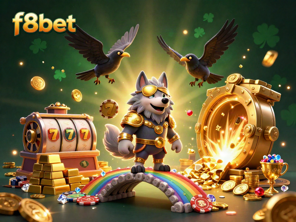 Experience the excitement of f8bet with Odin and ravens amidst dynamic casino elements and treasure.