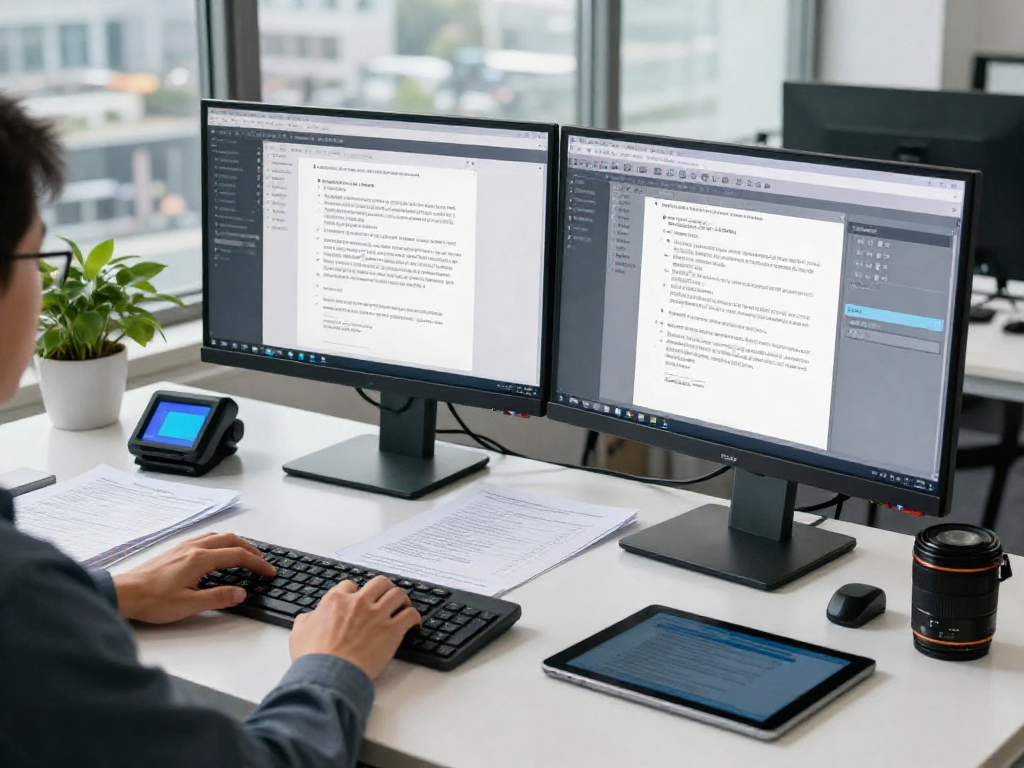 Document fraud detection workspace with investigator analyzing suspicious documents on dual monitors.