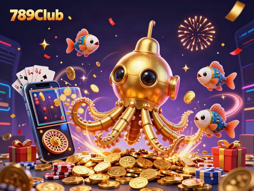 Experience the vibrant gaming world of 789Club with a dynamic kraken and mechanical fish illustration.