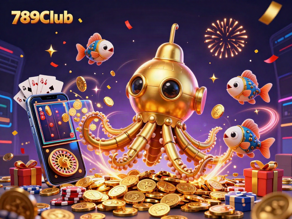 Experience the vibrant gaming world of 789Club with a dynamic kraken and mechanical fish illustration.