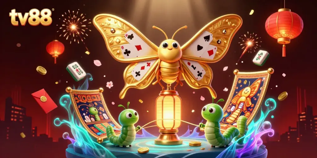 Experience the vibrant entertainment of tv88 with a dynamic 3D casino scene featuring an atlas moth, golden lanterns, and festive elements.