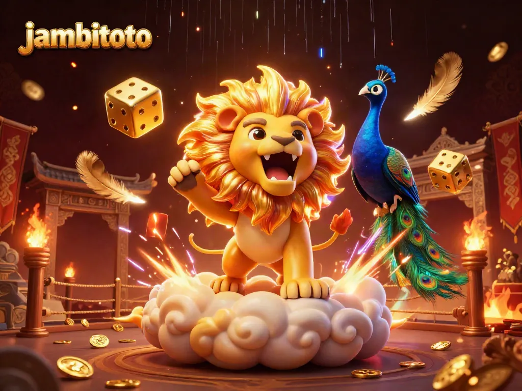 Experience thrilling gameplay with jambitoto as a roaring lion, golden dice, and colorful tokens depict gaming excitement.