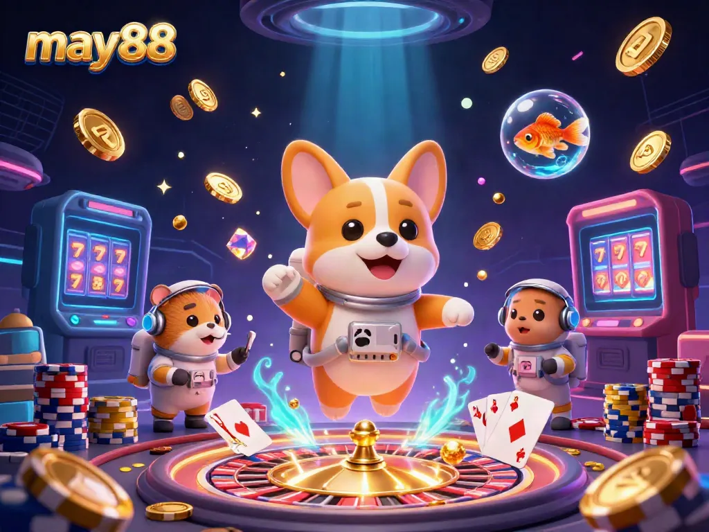 Experience thrilling games at may88 with a cartoon astronaut corgi and dazzling casino imagery