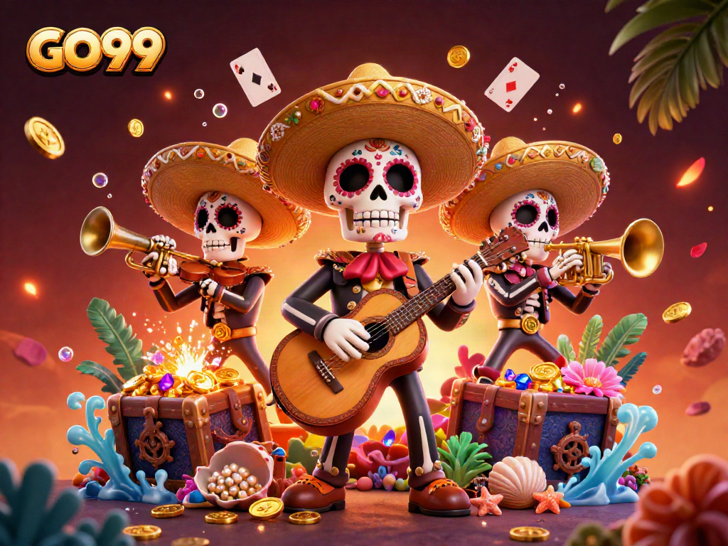 Experience the excitement of GO99 with a lively mariachi band amidst casino treasures.