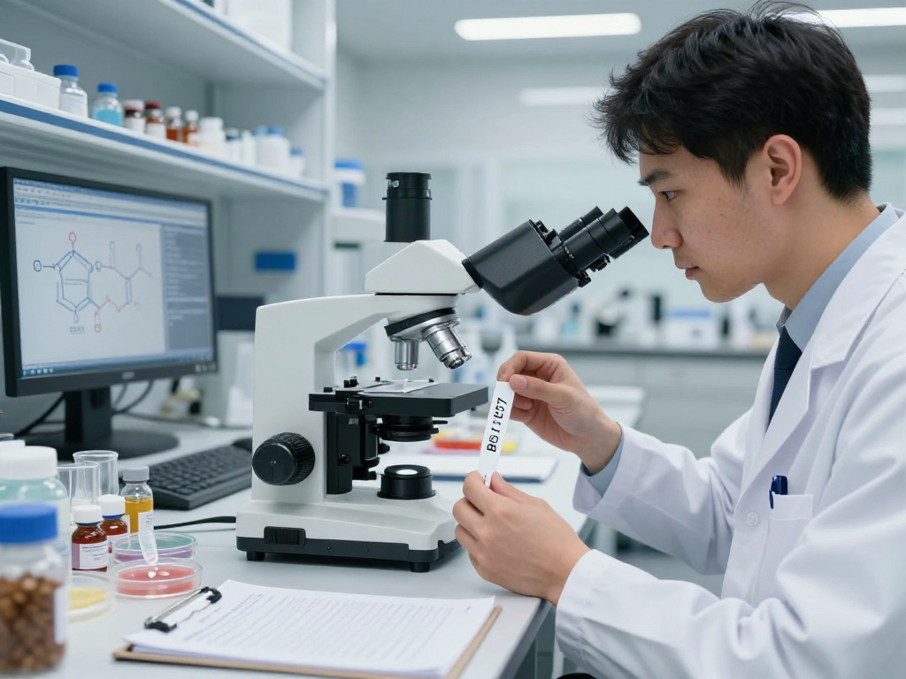 BPC 157 Side Effects research scene in a modern lab with scientific equipment and buccal strips.