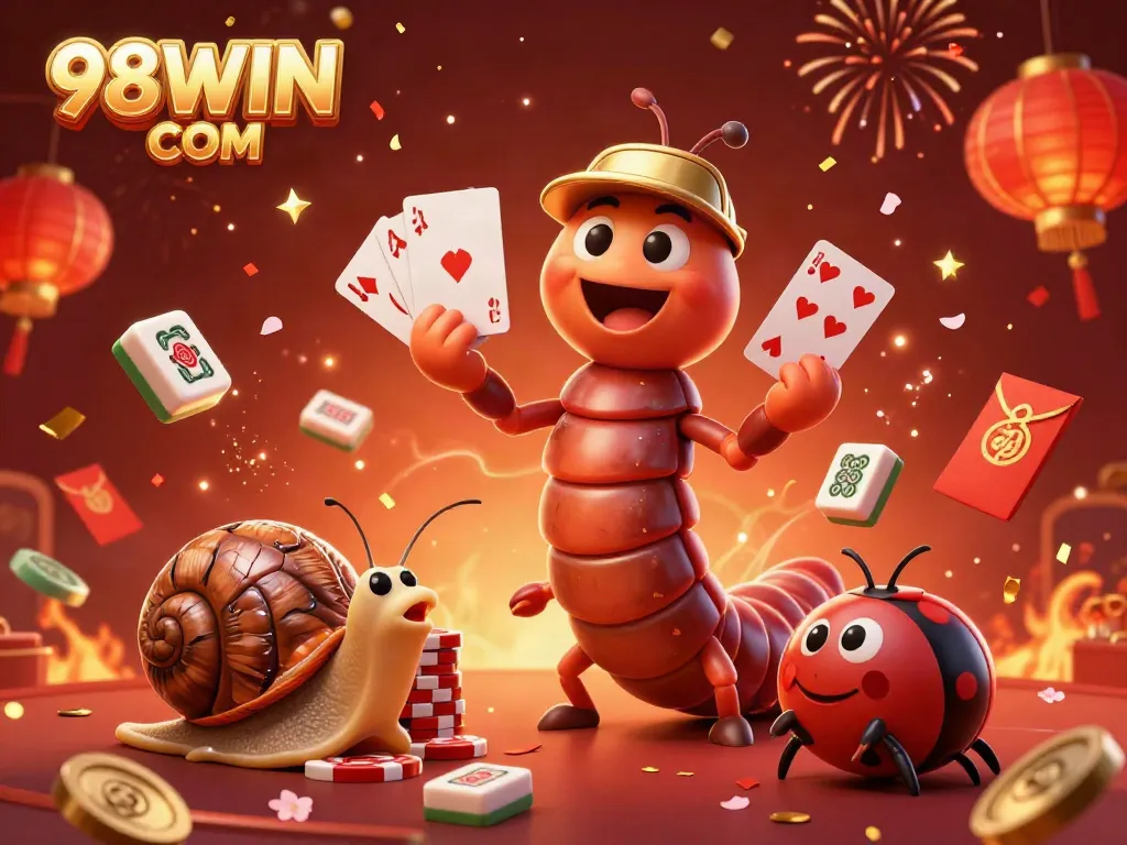 Engage with 98WIN COM's vibrant 3D casino illustration showcasing an animated dealer and high-roller excitement.