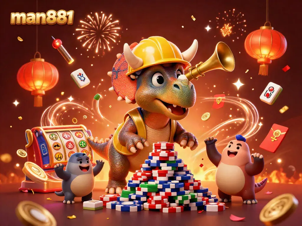 Experience the thrill of man881 with a lively scene showcasing playful characters and casino elements in a festive atmosphere.