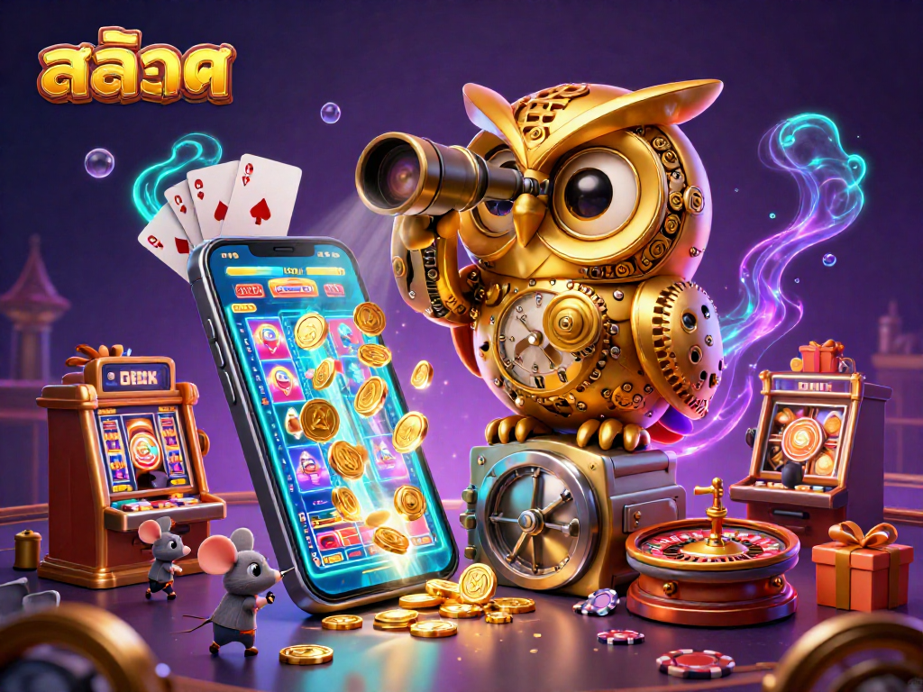 Spin the reels of สล็อต with a 3D clockwork owl scanning a vibrant casino scene filled with excitement.