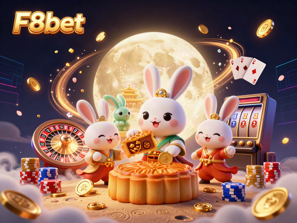 Engage with F8bet’s enchanting gambling world featuring a moon rabbit, poker chips, and casino elements.