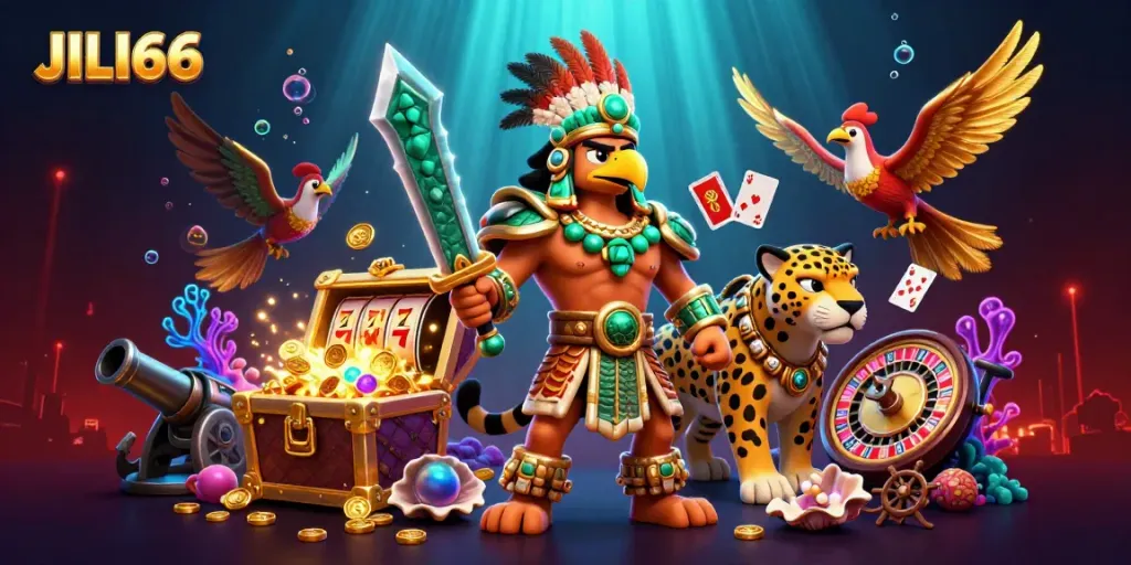Engage with JILI66’s vibrant casino scenes featuring Aztec warriors and slot machines.