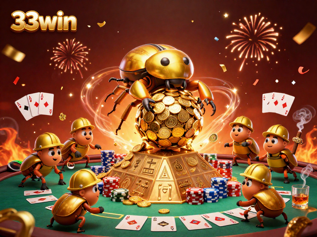 33win showcases a vibrant casino scene with a golden beetle rolling coin treasures.
