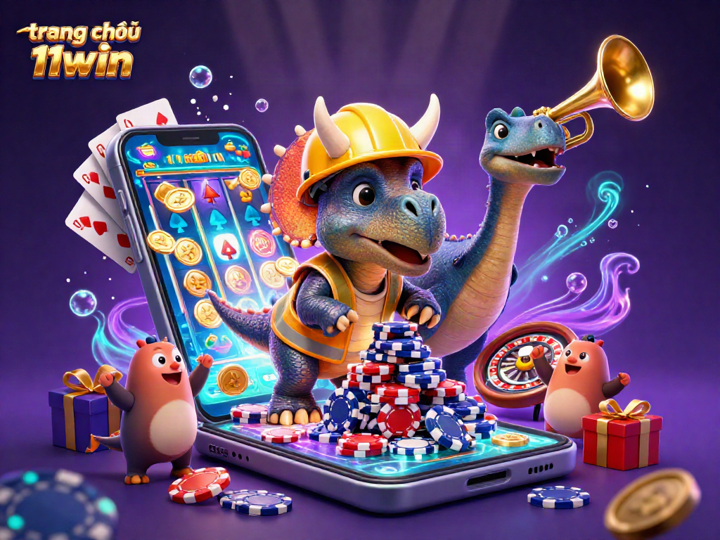 Experience the excitement at trang chủ 11win with dinosaurs building poker chip towers and slot games!