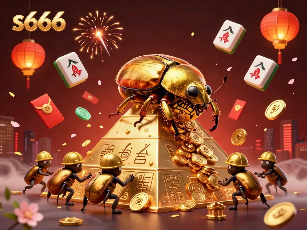 Experience the excitement of s666's online gaming with a detailed illustration of golden beetles amidst casino symbols.