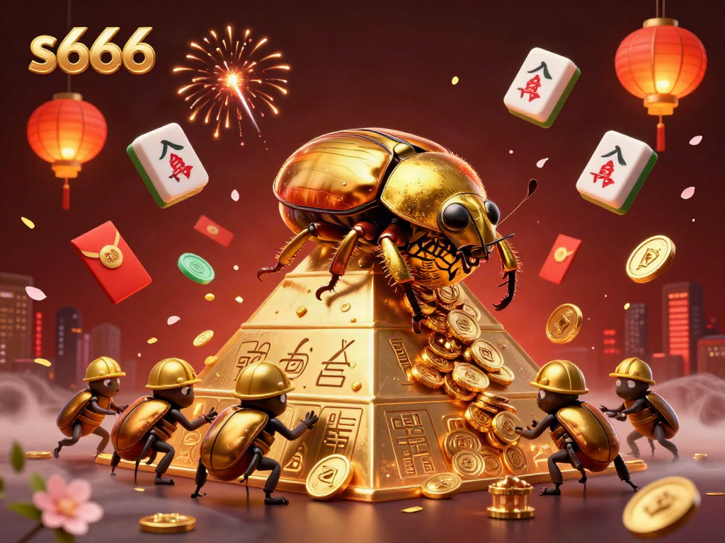 Experience the excitement of s666's online gaming with a detailed illustration of golden beetles amidst casino symbols.