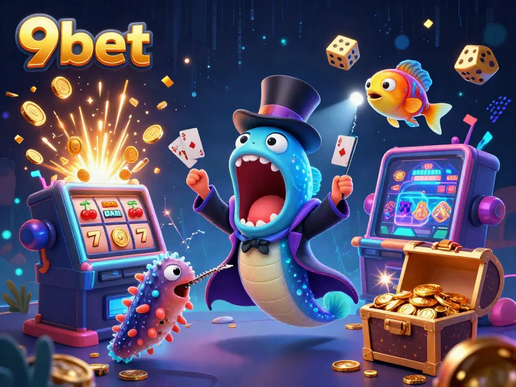 Experience the excitement of 9bet with a lively 3D casino illustration showcasing vibrant game elements and enchanting characters.