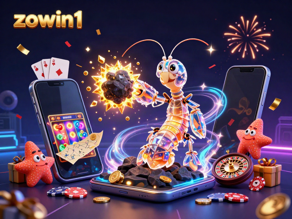 Experience the excitement of zowin1 with dynamic casino elements and vibrant 3D illustration.