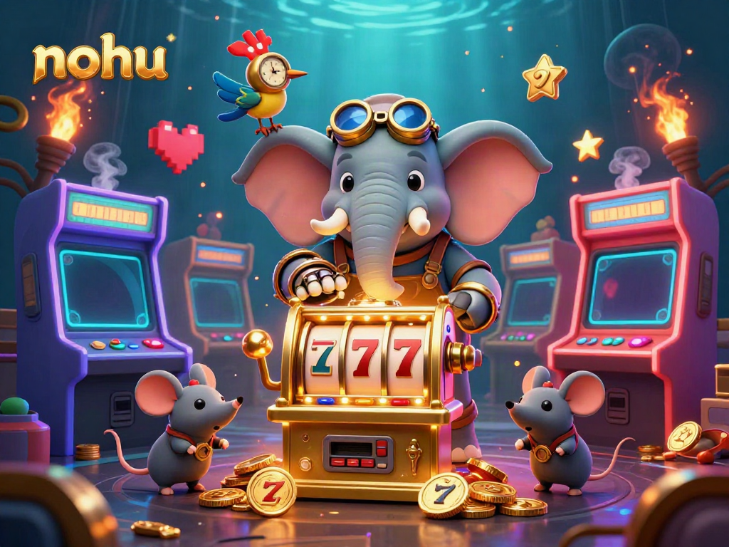 Experience thrilling wins at nohu with a steampunk elephant engineer operating a lively casino slot machine.