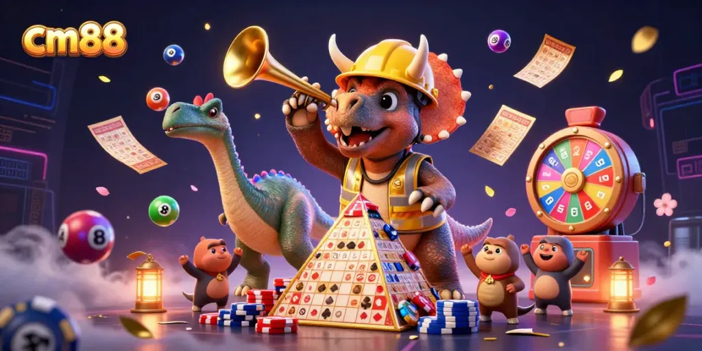 Players engaging with cm88 in a vibrant casino scene, celebrating with cheerful characters.