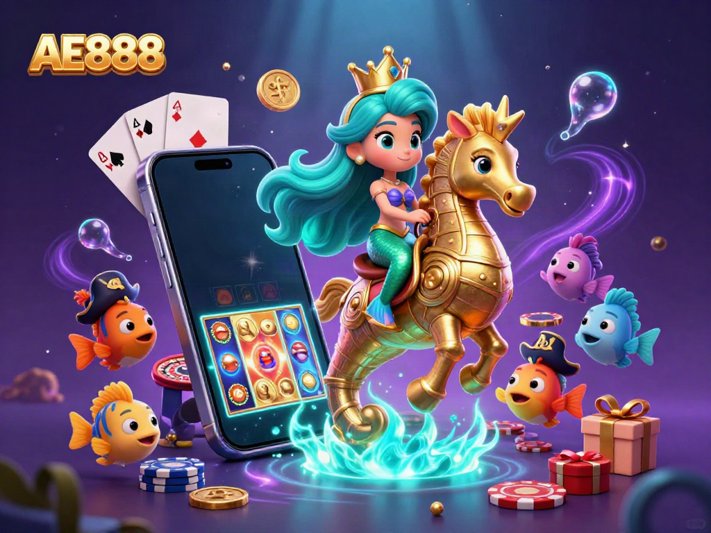 Experience the excitement of AE888 with a vibrant underwater casino scene featuring a mermaid princess, seahorse, and gaming elements.