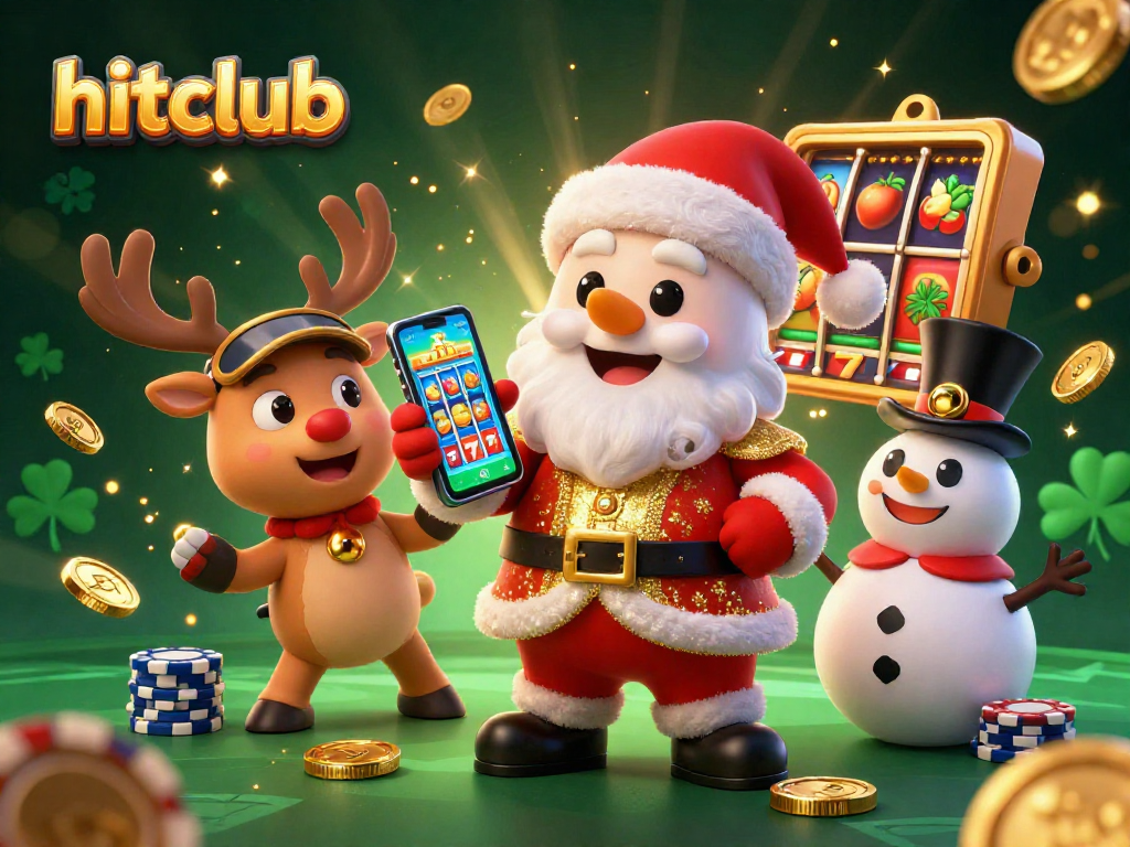 Hitclub showcases an exciting casino scene with Santa, reindeer, and a snowman celebrating slots and jackpots.