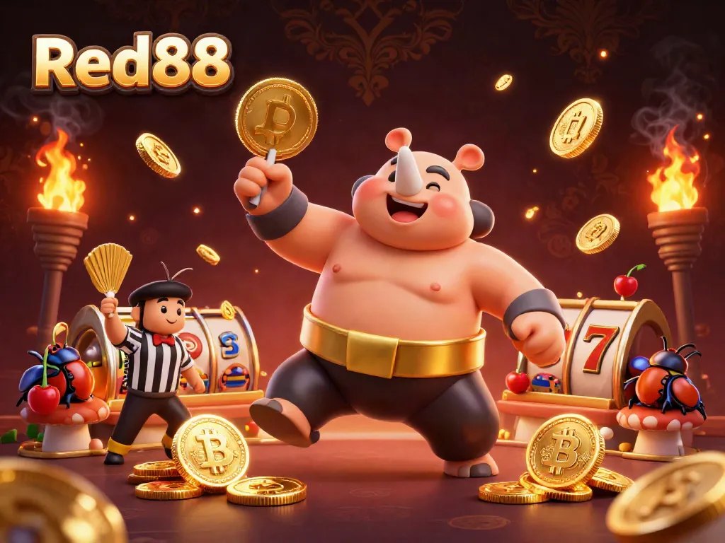 Experience the excitement of Red88 with a vibrant 3D cartoon scene featuring a sumo beetle champion celebrating a big win.