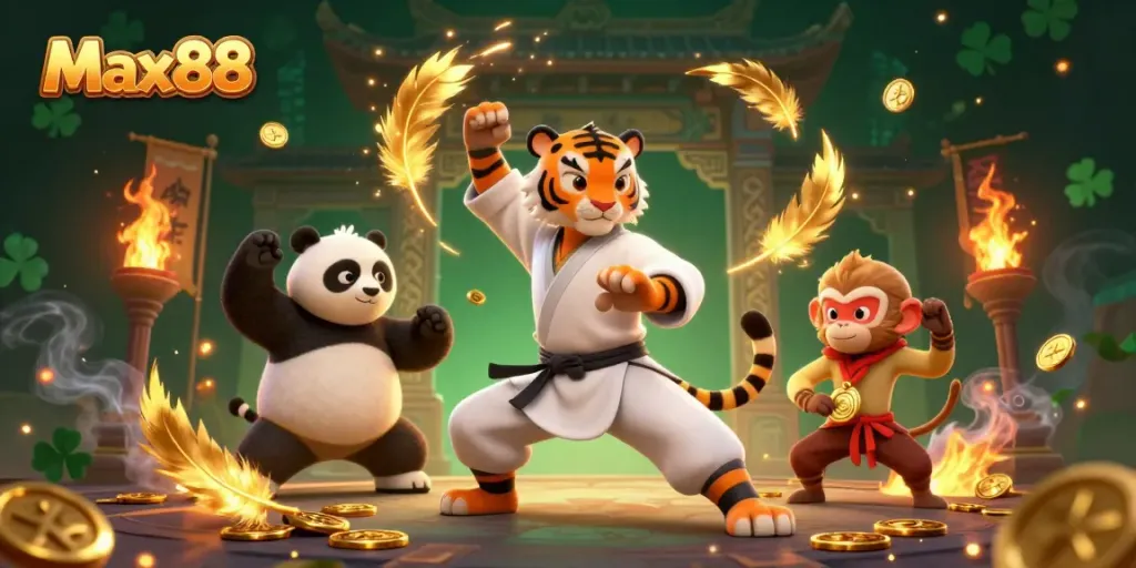 Experience the thrill of Max88 with an action-packed 3D illustration featuring a kung fu tiger and friends in a rich casino setting.