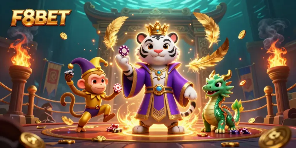 Experience the excitement of F8BET with vibrant 3D characters and casino elements.
