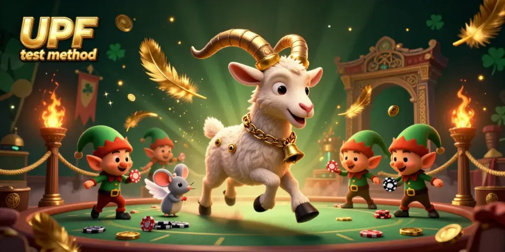 Engage in thrilling gambling action capturing the UPF test method through festive, dynamic characters in a vibrant casino.