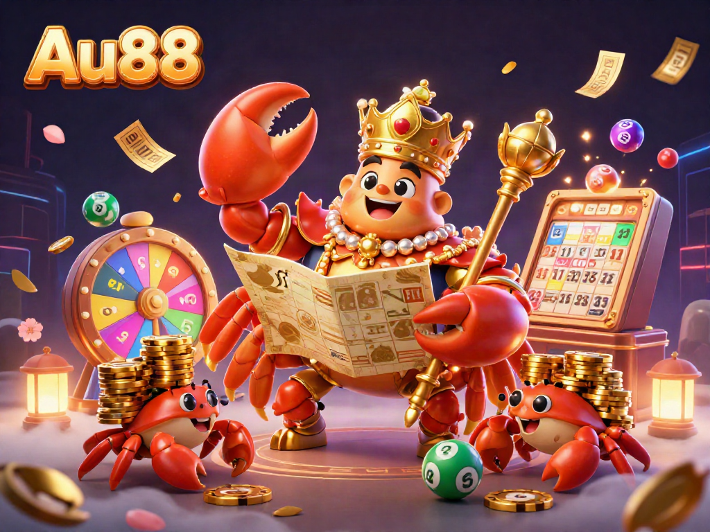 Experience the thrilling world of Au88 with a golden crab emperor, vibrant lottery balls, and dynamic casino elements.