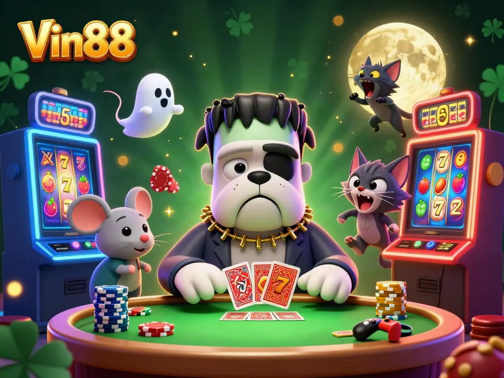 Experience thrilling slots action at Vin88 with 3D cartoon characters in a vibrant casino.