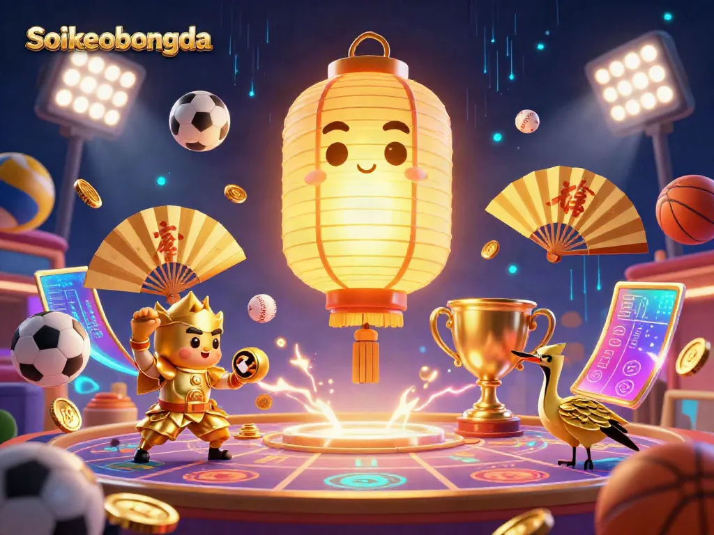 Engage with Soikeobongda's vibrant casino scene featuring dynamic sports elements and a glowing lantern spirit.