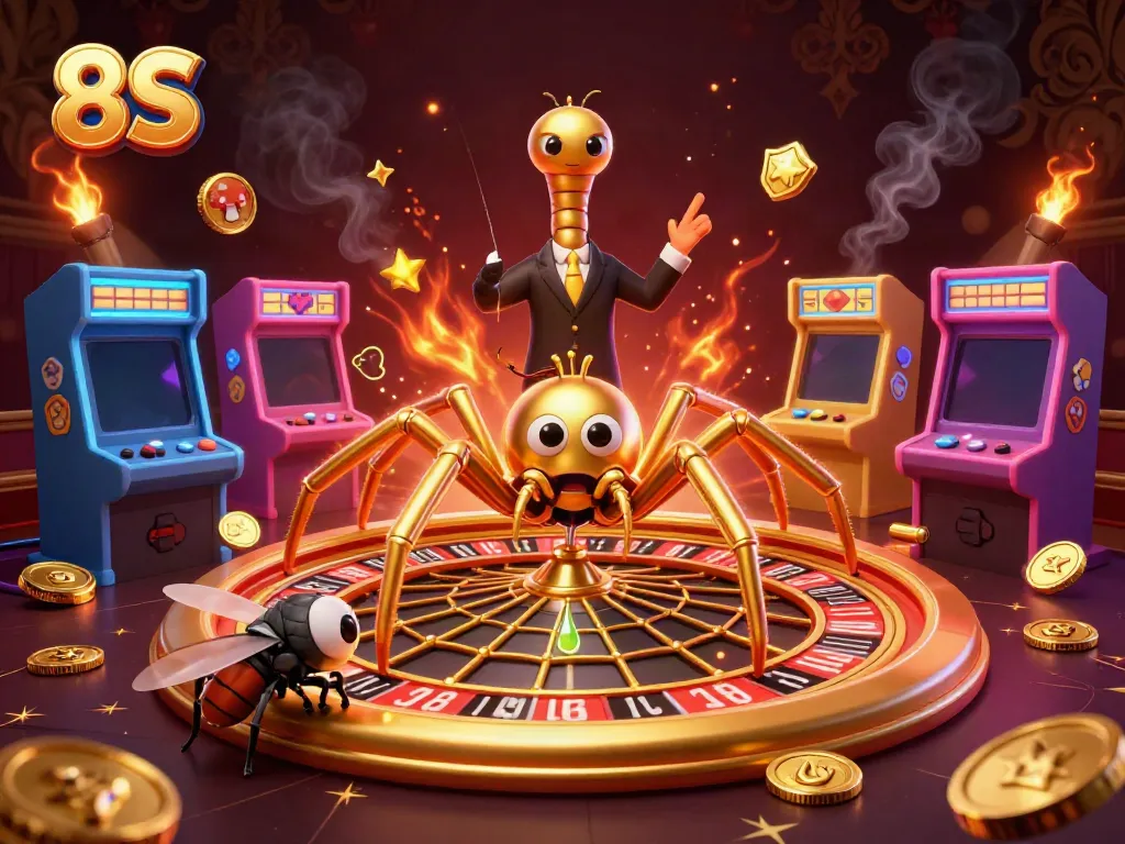 Engage with dynamic 8S casino scene featuring a golden roulette wheel web and exciting gaming elements.