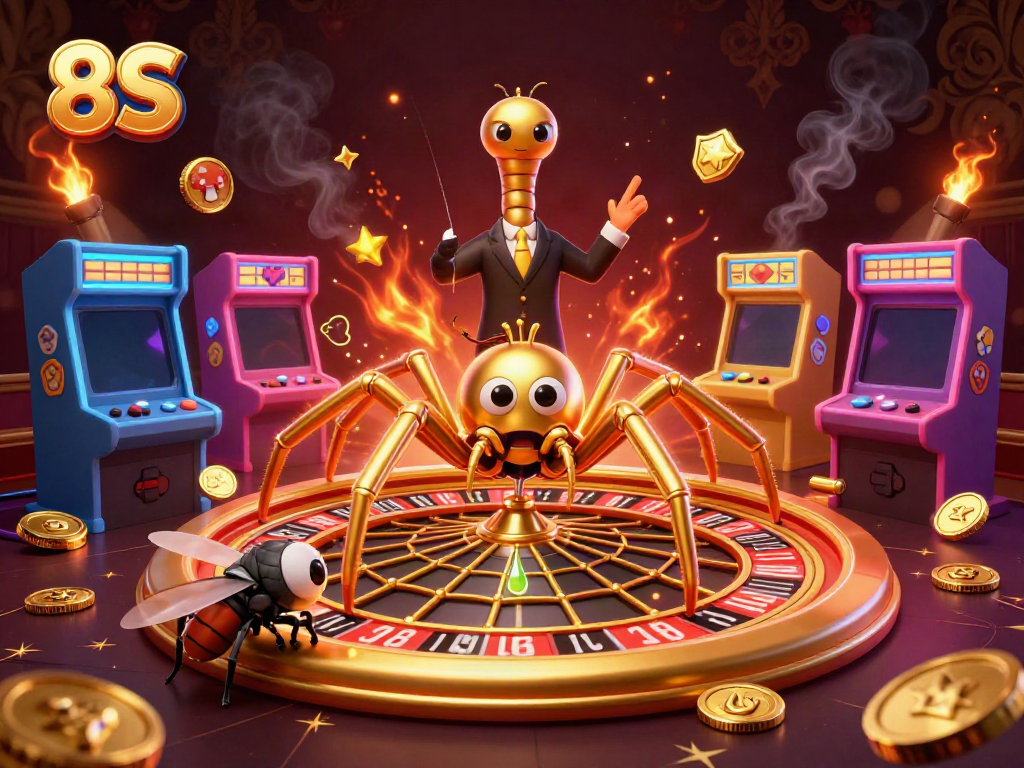 Engage with dynamic 8S casino scene featuring a golden roulette wheel web and exciting gaming elements.