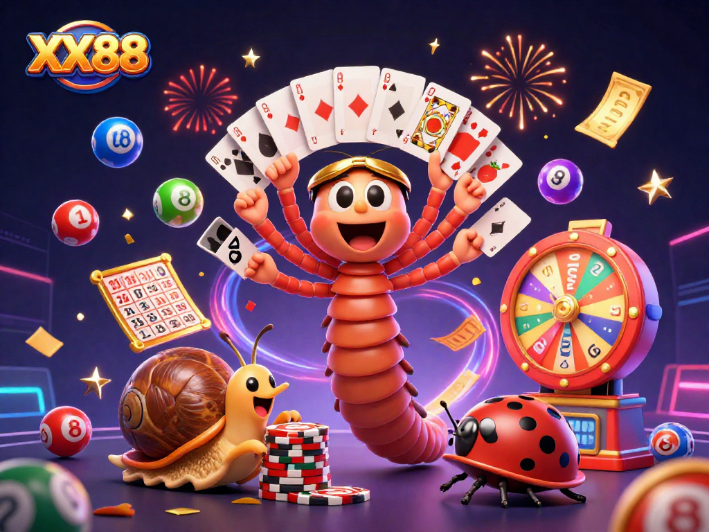 Experience the vibrant gaming world of XX88 with lively characters and colorful elements from a casino scene.