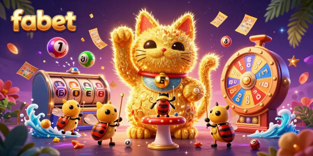Experience the vibrant world of fabet with a lucky cat illustration and dynamic casino elements.