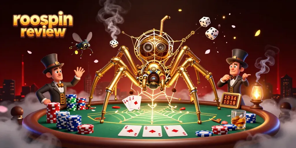 A dynamic scene from a Roospin review, showcasing a golden spider and a Victorian fly gentleman amidst poker elements in a rich, illuminated environment.
