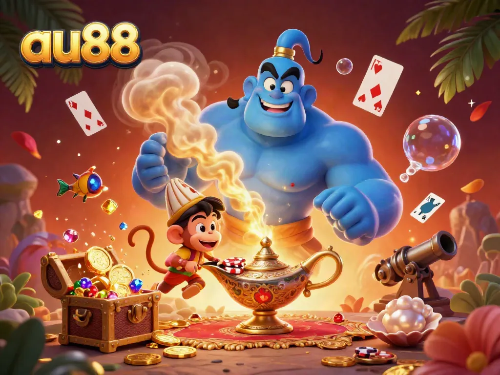 Experience magical wins at au88 with a dazzling genie and treasures in this colorful casino-themed illustration.