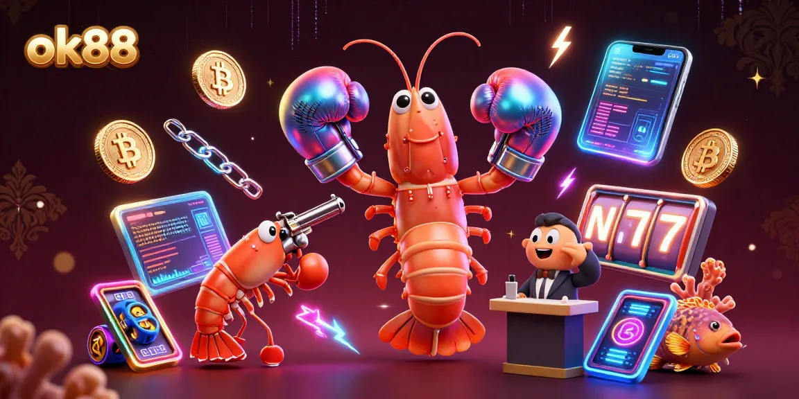 Engage with the vibrant ok88 casino scene featuring dynamic shrimp characters and crypto elements.